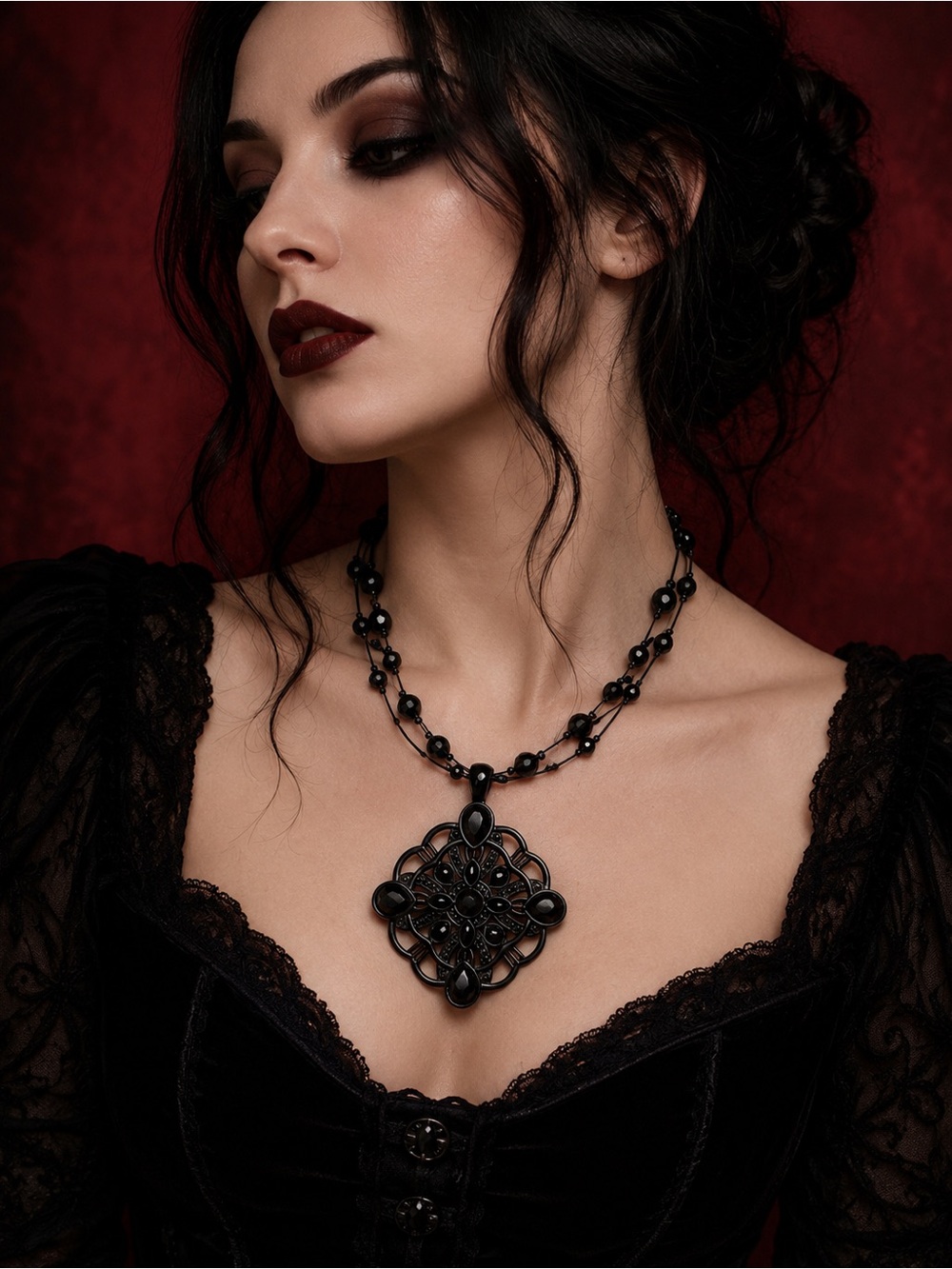 Lia Sophia Black Gothic Statement Pendant Necklace 12 inches